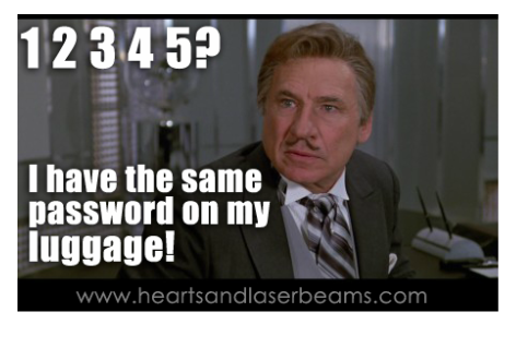 A character saying that 12345 is the password on his luggage